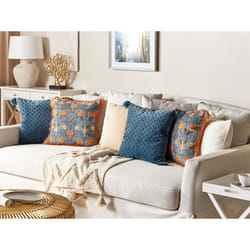 Coussin en velours à motif de fleurs bleu et orange 45 x 45 cm MITELLA