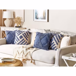 Lot de 2 coussins en coton avec pompons beige et bleu 45 x 45 cm JACARANDA