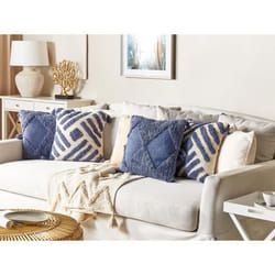 Lot de 2 coussins en coton avec pompons beige et bleu 45 x 45 cm JACARANDA