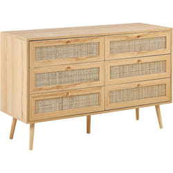 Commode à 6 Tiroirs en Rotin Bois Clair Style Boho Façade Grillagée Rangement Perote