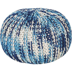 Pouf Blanc et Bleu en Coton 50 x 35 cm Moelleux pour Chambre ou Salon Rond Boho Conrad