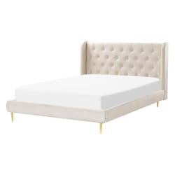 Lit Double Beige en Velours 140 x 200 cm avec Tête de Lit Capitonnée Glam Forbach