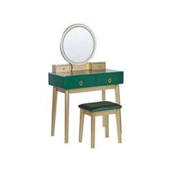 Coiffeuse avec miroir à LED et tabouret vert et doré FEDRY
