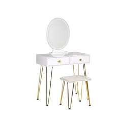 Coiffeuse blanc et doré avec miroir à LED et tabouret CAEN