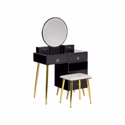 Coiffeuse avec miroir à LED et tabouret noir et doré YVES