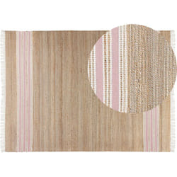 Tapis Boho Tissé Main Franges 160 x 230 cm en Jute Beige et Rose Pastel Mirza