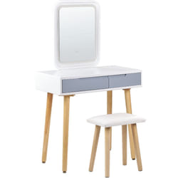 Coiffeuse Blanc et Gris en Bois 2 Tiroirs Miroir à led et Tabouret Scandinave Dieppe
