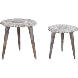 Lot de 2 Tables d'Appoint Blanc Cassé en Bois de Manguier à Plateau Sculpté Adro