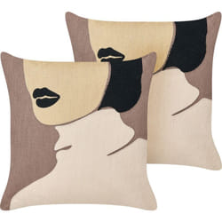 Lot de 2 Coussins Décoratifs Marron et Beige en Velours 45x45 cm Visage Silphium