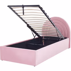 Lit une place à rangement. Combinant design esthétique et fonctionnalité, ce lit rose tapissé de velours sera un ajout parfai ...
