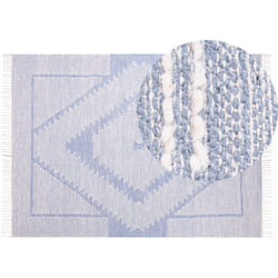 Tapis Bleu et Blanc en Coton et Laine 140 x 200 cm Fait Main Bohème à Franges Ansar