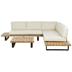 Salon de jardin à angle 5 places blanc cassé en bois dacacia certifié MYKONOS