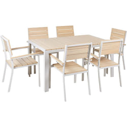 Table et Chaises de Jardin Style Scandinave en Aluminium Blanc et Bois à Lattes Synthétique Beige Como