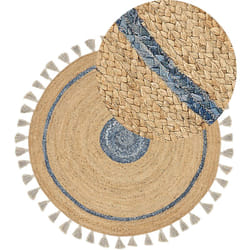 Beliani - Tapis Rond Beige et Bleu en Jute et Coton Tressé ø 140 cm à Pompons Style Boho Obakoy