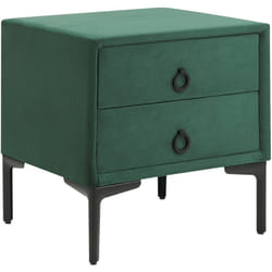 Table de Chevet à 2 Tiroirs en Velours Vert Foncé mdf Métal et Aluminium Tissu Soyeux Sezanne