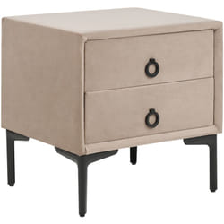 Table de Chevet à 2 Tiroirs en Velours Taupe mdf Métal et Aluminium Tissu Soyeux Sezanne