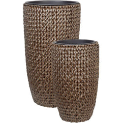 Lot de 2 Pots de Fleurs en Polyrotin Marron et Acier Intérieur et Extérieur Trou de Drainage Cedrus