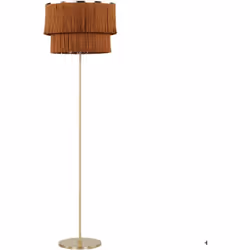 Lampadaire de salon. Ce lampadaire élégant est doté d'un abat-jour en lin unique, orné de franges, et d'un pied élancé à la f ...
