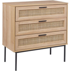 Commode 3 Tiroirs Boho en Rotin avec Panneaux Pieds en Métal Bois Clair Pasco