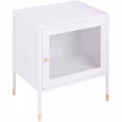 Table de nuit en acier avec porte grillagée. Cette table de chevet élégante, affichant une couleur blanche et un design indus ...