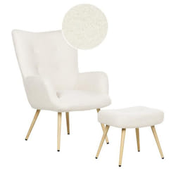 Fauteuil et repose-pieds en tissu bouclé blanc cassé VEJLE