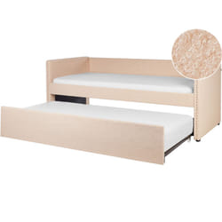 Lit Gigogne Glamour Banquette à Lattes 90 x 200 cm en Tissu Bouclé Rose Pêche Troyes