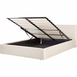 Lit avec rangement sous le sommier. Ce lit double moderne est composé d'un cadre tapissé en tissu beige avec des lignes délic ...