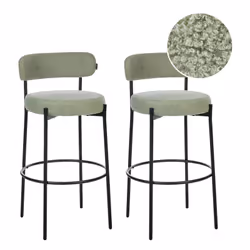 Ensemble de tabourets de bar sans accoudoirs. Ces tabourets de bar chics sont recouverts d'un tissu vert clair bouclé qui off ...