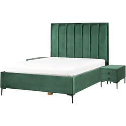 Ensemble de Chambre Lit Coffre Double 140 x 200 cm et 2 Tables de Chevet en Velours Vert Foncé Sezanne