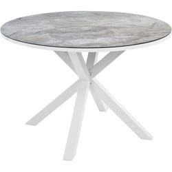 Table de Jardin Moderne ⌀ 120 cm avec Pieds Aluminium et Plateau Vitrocéramique Effet Marbre Blanc Maletto