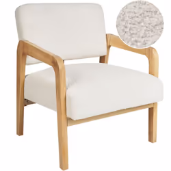 Fauteuil style rétro. Ce fauteuil est doté d'une élégante structure en bois clair et est revêtu d'un tissu bouclé blanc à la  ...