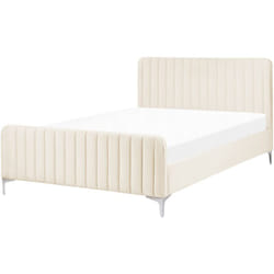 Beliani - Lit Double Sommier à Lattes avec Haute Tête de Lit et Pieds en Métal 140 x 200 cm en Velours Beige Lunan