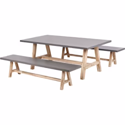 Ensemble extérieur en béton avec base en bois. Cet ensemble de salle à manger de jardin présente un design épuré de style ind ...