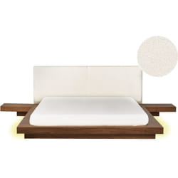 Lit Japonais avec led Tête de Lit Bouclé et 2 Tables de Nuit 160 x 200 cm Marron Zen