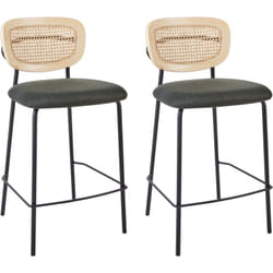 Lot de 2 Chaises de Bar Moderne Tabourets Dossier en Rotin Tressé Viennois Polyester Sans Accoudoirs Pieds Noirs Vert Foncé Mayetta