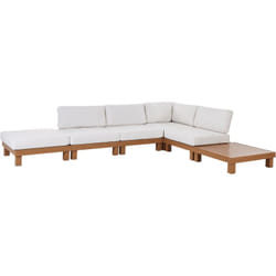 Beliani - Ensemble de Jardin Modulable Aluminium Canapé d'Angle Table Basse Effet Bois Coussins Blanc Sanza
