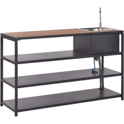 Ilot de Cuisine de Jardin d'Extérieur en Acier 159 x 50 x 91 cm avec Evier Robinet Etagères Noir Bois Clair Avetrana