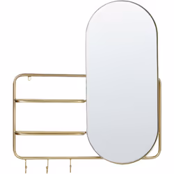 Miroir suspendu avec crochets et étagères. Ce miroir mural moderne, encadré de fer durable avec une finition dorée chic, alli ...