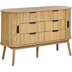 Commode 6 Tiroirs avec 2 Portes Coulissantes MDF Pieds en Bois Massif Bois Clair Selah