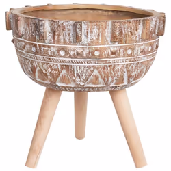 Pot de fleurs avec support en bois. Ce pot de fleurs peint à la main rehausse votre décor et présente un motif unique, usé pa ...
