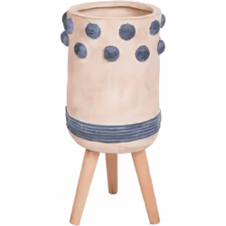 Pot de fleurs avec support en bois. Ce pot de fleurs peint à la main, qui présente un motif pointillé distinctif et une textu ...