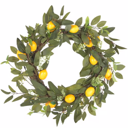 Couronne de fleurs artificielles avec touches de jaune. Cette magnifique couronne, ornée d'accents distincts et de feuillage ...