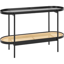 Console Moderne avec Plateau en Verre Cadre en Métal Etagère Tresse Viennoise Bois Clair et Noir Reno