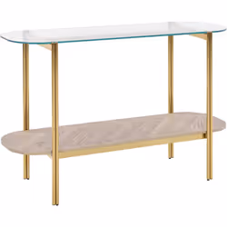 Table d'appoint décorative. Une élégante table console ovale avec un cadre en métal doré et un plateau en verre trempé apport ...