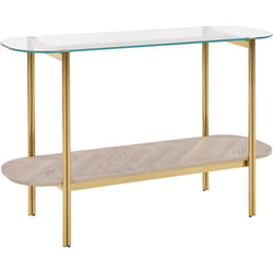 Table Console Moderne Plateau en Verre Trempé avec Étagère Bois Clair et Cadre en Métal Doré Lovell