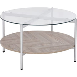 Beliani - Table Basse Moderne Plateau Rond en Verre Trempé et Étagère Bois Clair et Cadre Métallique Argenté Lovell