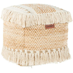 Pouf Carré avec Pompons Remplissage Billes eps en Jute et Coton Beige Alupola