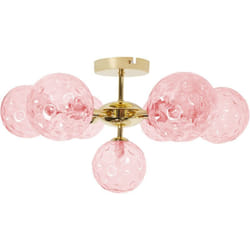 Plafonnier Lampe Moderne Glam 7 Lumières Abat-jour en Verre Rose et Métal Doré Anadyr