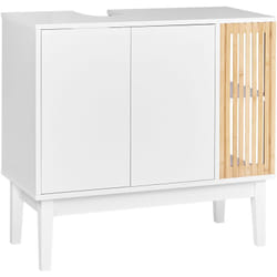Meuble lavabo Bambou mdf Pin Pieds Etagères Rangement Meuble Salle de Bain Blanc et Bois Clair Nubes