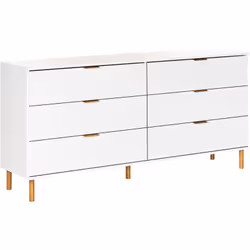 Commode avec 6 tiroirs aux touches dorées. Cette élégante commode à six tiroirs offre un vaste espace de rangement grâce à so ...